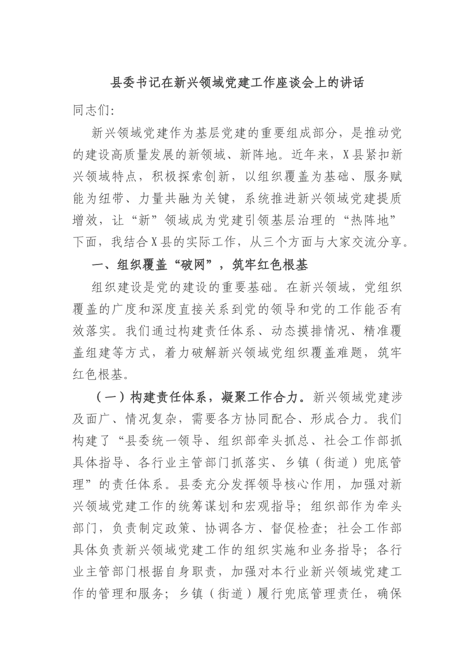 县委书记在新兴领域X建工作座谈会上的讲话.docx_第1页