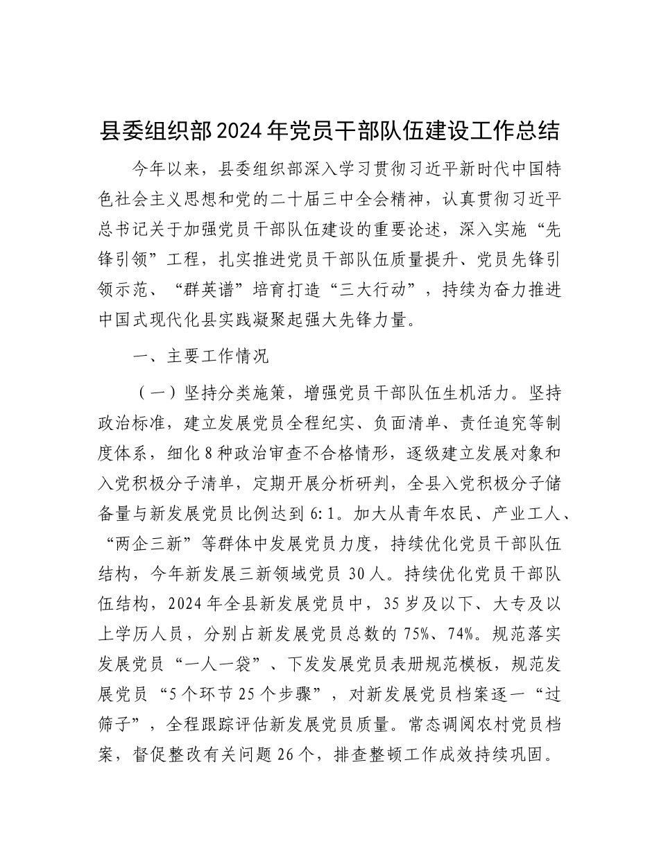 县委组织部2024年X员干部队伍建设工作总结.docx_第1页