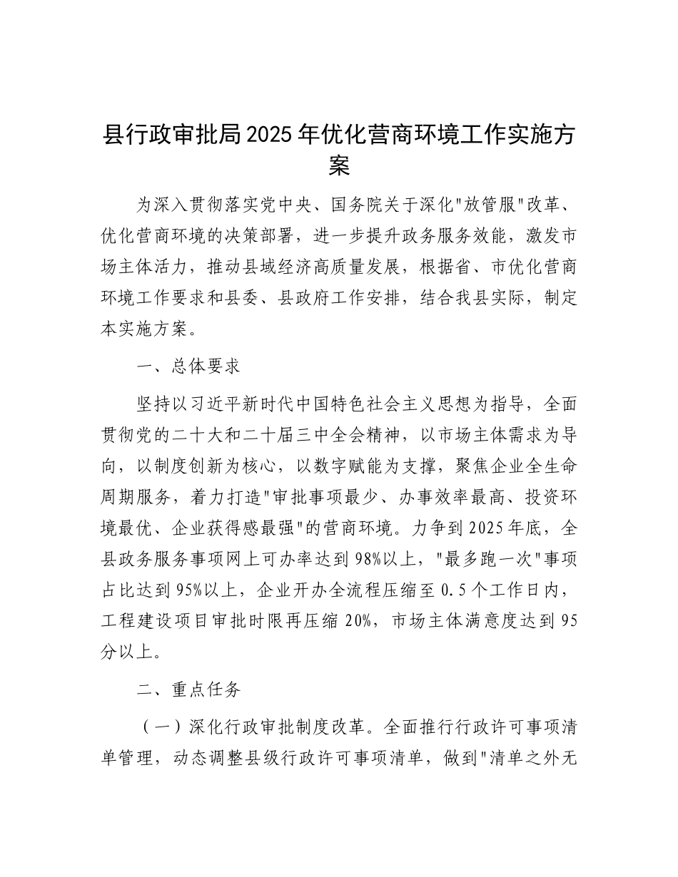 县行政审批局2025年优化营商环境工作实施方案.docx_第1页