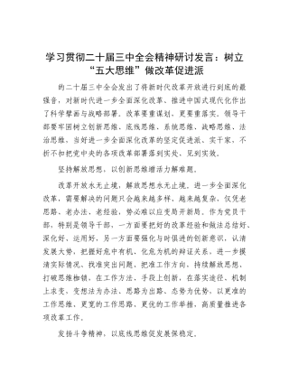 学习贯彻二十届三中全会精神研讨发言：树立“五大思维”  做改革促进派.docx