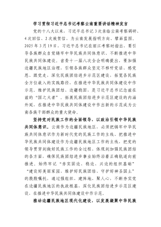 学习贯彻习近平总书记考察云南重要讲话精神发言.docx