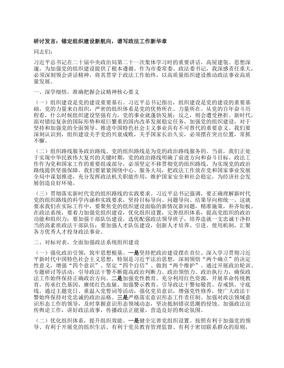 研讨发言：锚定组织建设新航向，谱写政法工作新华章.docx_第1页