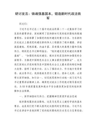 研讨发言：铸魂强基固本，锻造新时代政法铁军.docx