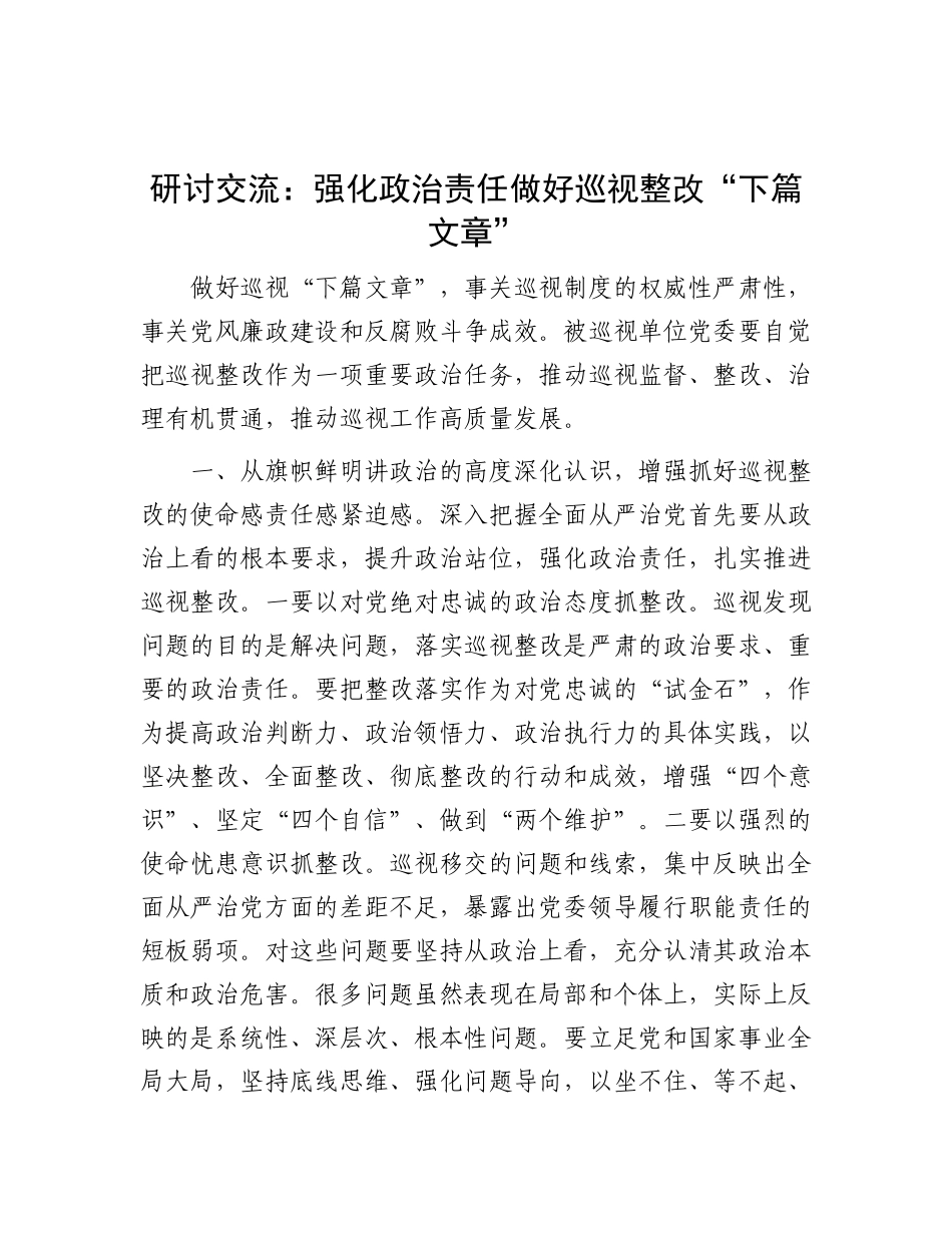 研讨交流：强化ZZ责任 做好巡视整改“下篇文章”.docx_第1页