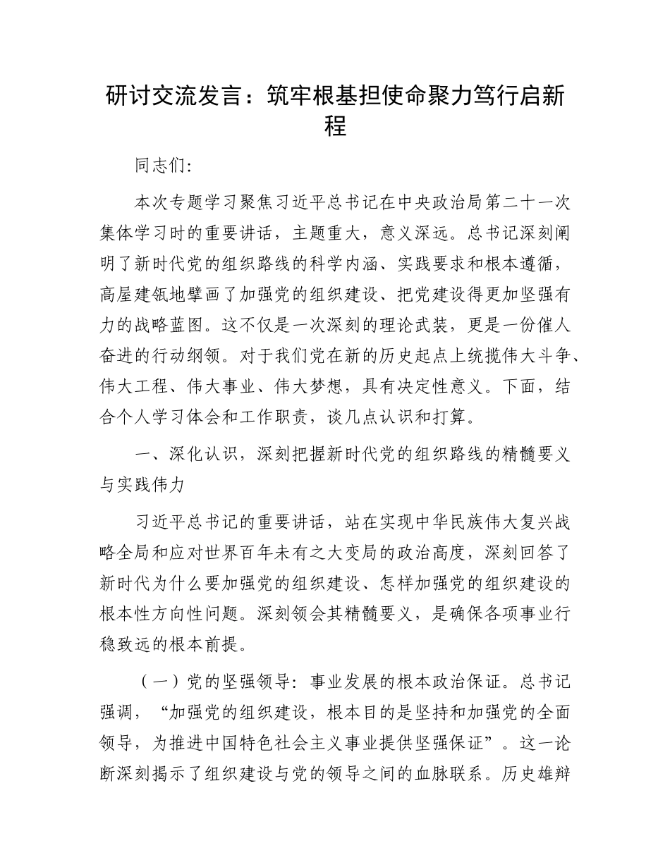 研讨交流发言：筑牢根基担使命  聚力笃行启新程.docx_第1页