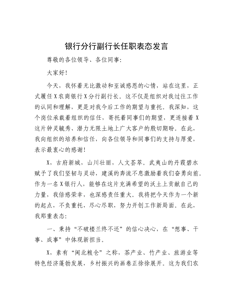 银行分行副行长任职表态发言.docx_第1页