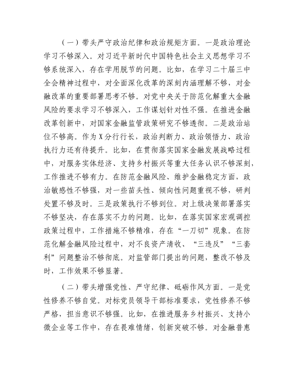 银行行长2024年度民主生活会个人对照检查材料（四个带头）.docx_第2页