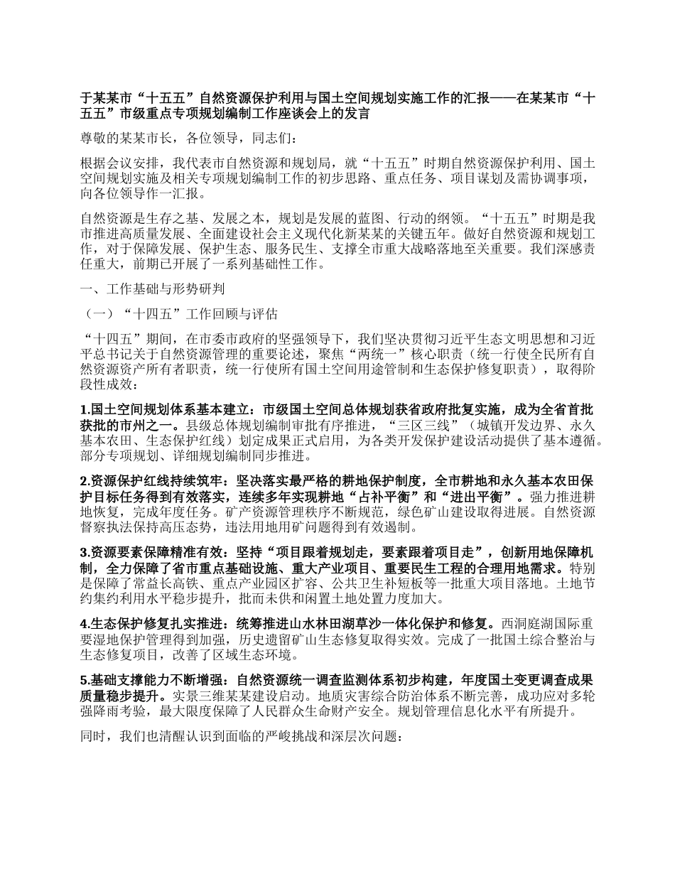 于某某市“十五五”自然资源保护利用与国土空间规划实施工作的汇报 ——在某某市“十五五”市级重点专项规划编制工作座谈会上的发言.docx_第1页