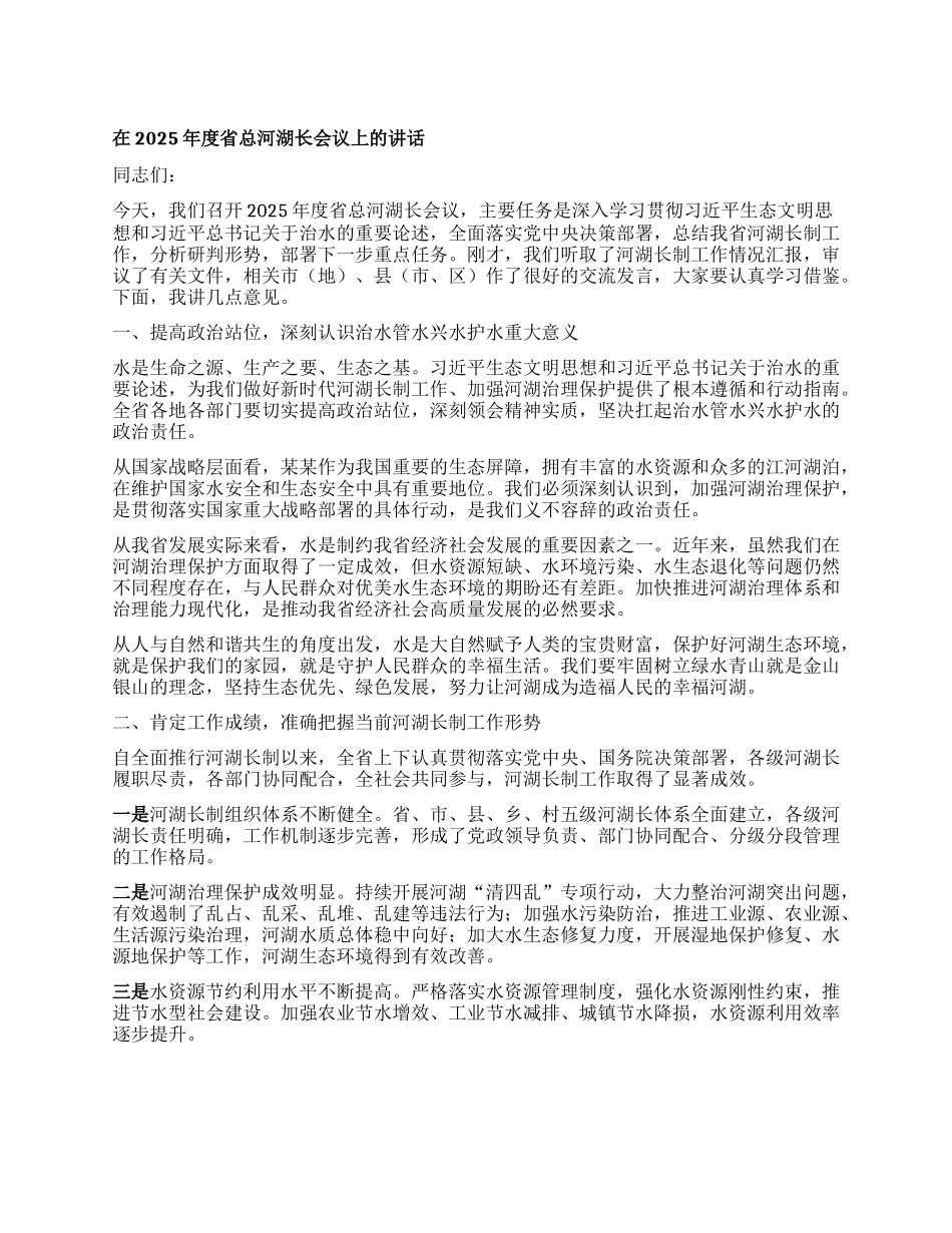 在2025年度省总河湖长会议上的讲话.docx_第1页
