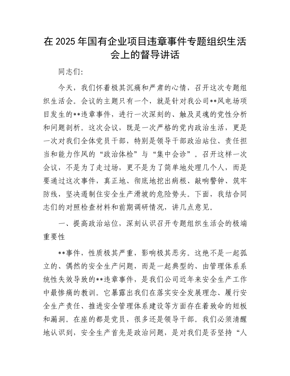 在2025年国有企业项目违章事件专题组织生活会上的督导讲话.docx_第1页