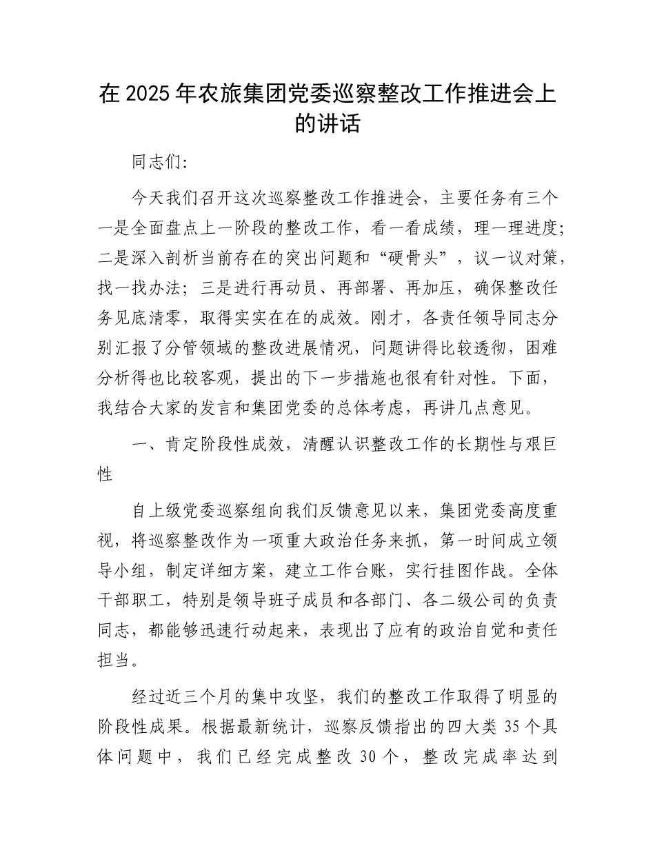 在2025年农旅集团X委巡察整改工作推进会上的讲话.docx_第1页