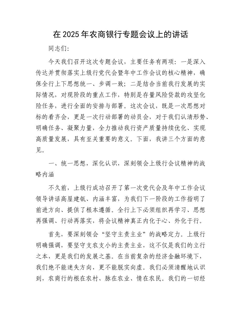 在2025年农商银行专题会议上的讲话.docx_第1页