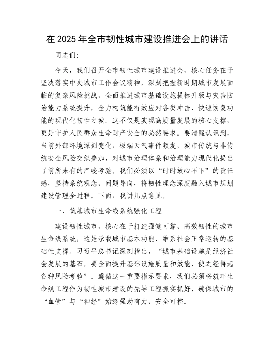 在2025年全市韧性城市建设推进会上的讲话.docx_第1页