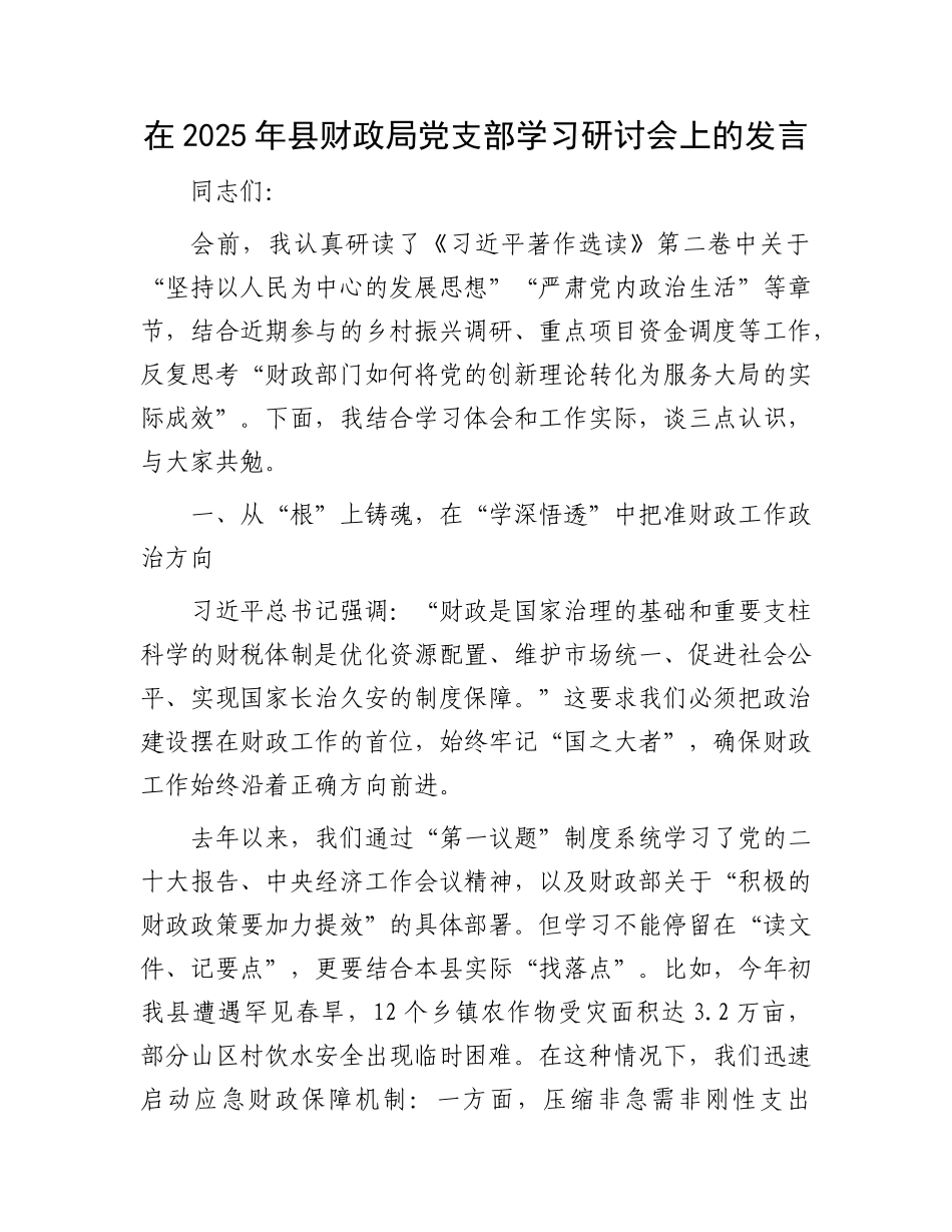 在2025年县财政局X支部学习研讨会上的发言.docx_第1页