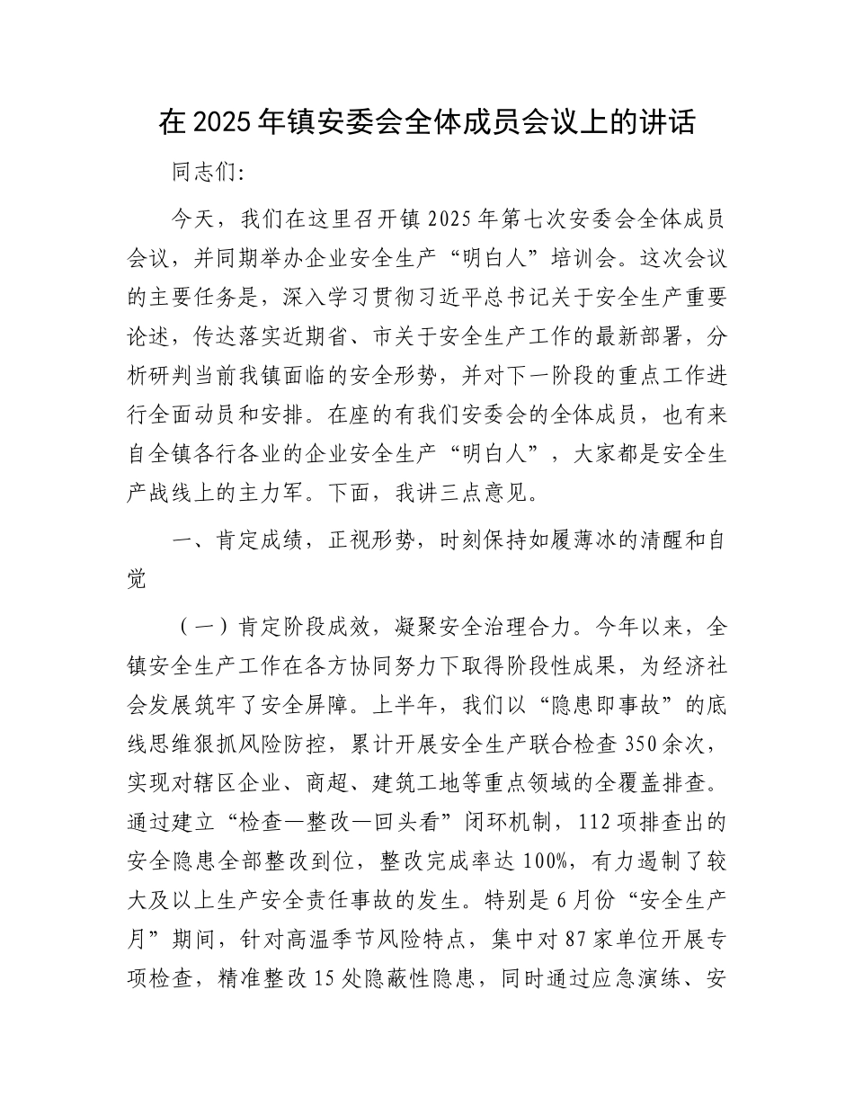在2025年镇安委会全体成员会议上的讲话.docx_第1页
