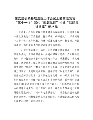 在X建引领基层治理工作会议上的交流发言：“三个一体”深化“毗邻X建” 构建“联建共建共享”新格局.docx