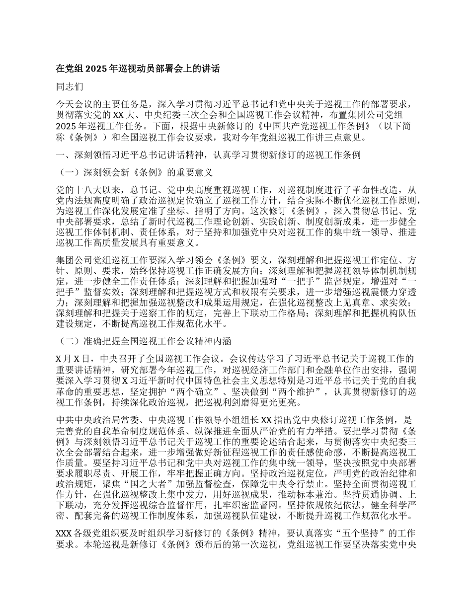 在X组2025年巡视动员部署会上的讲话.docx_第1页