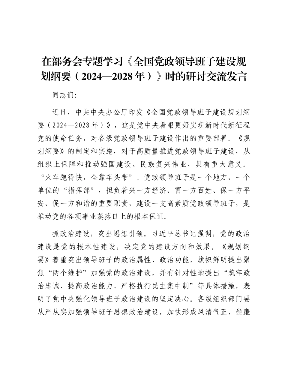 在部务会专题学习《全国X政领导班子建设规划纲要(2024—2028年)》时的研讨交流发言.docx_第1页