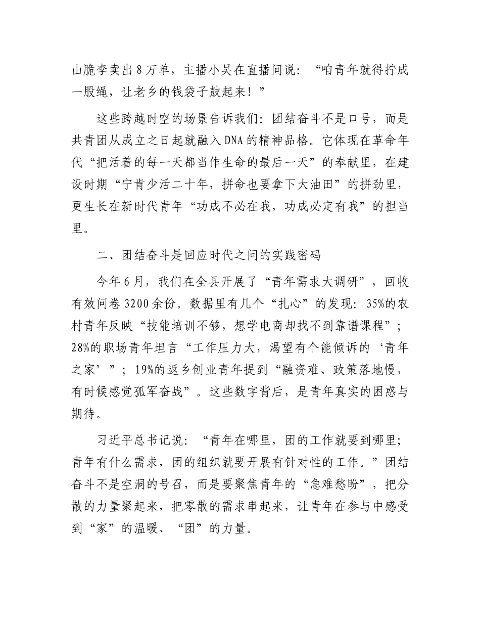 在共青团县委2025年全体团员干部会议上的X课讲稿：用团结奋斗开辟美好未来.docx_第3页