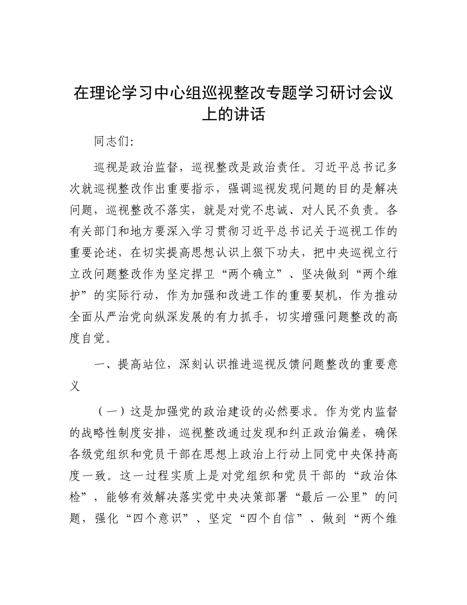 在理论学习中心组巡视整改专题学习研讨会议上的讲话.docx_第1页