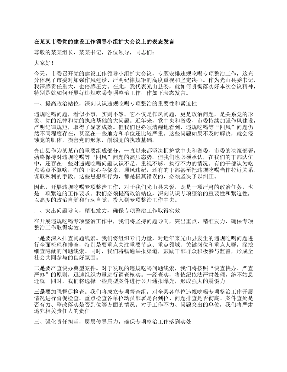在某某市委X的建设工作领导小组扩大会议上的表态发言.docx_第1页