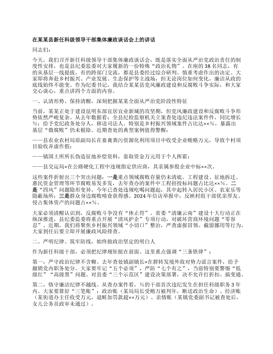 在某某县新任科级领导干部集体廉政谈话会上的讲话.docx_第1页