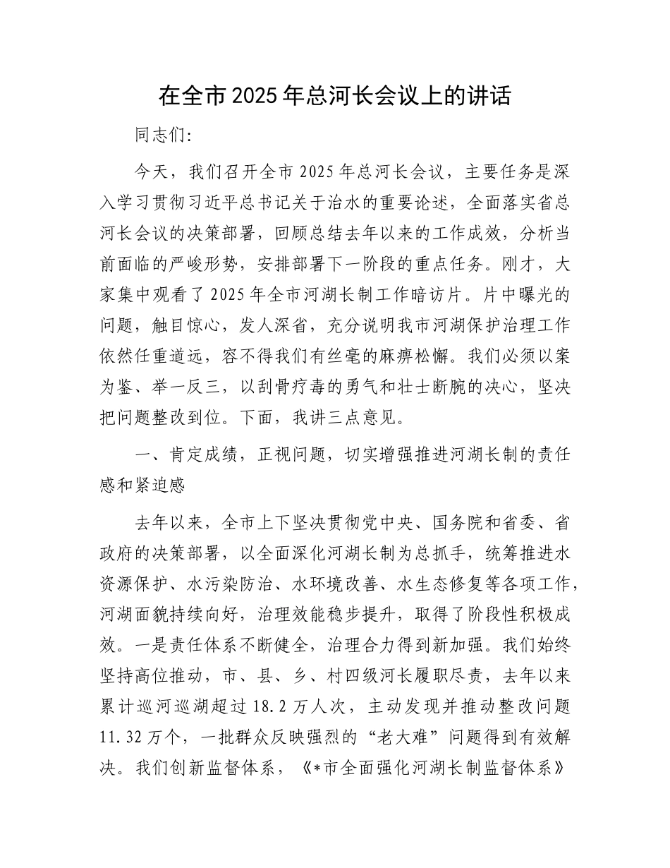 在全市2025年总河长会议上的讲话.docx_第1页