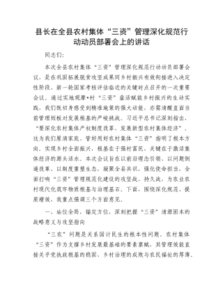 县长在全县农村集体“三资”管理深化规范行动动员部署会上的讲话.docx