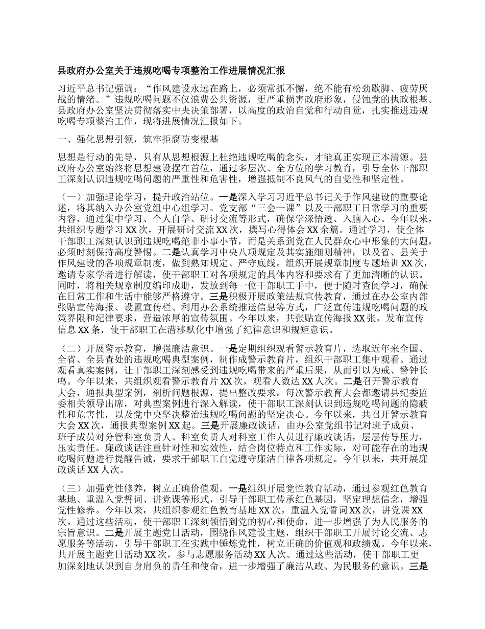 县政府办公室关于违规吃喝专项整治工作进展情况汇报.docx_第1页