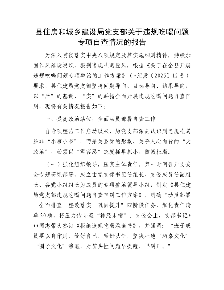 县住房和城乡建设局X支部关于违规吃喝问题专项自查情况的报告.docx_第1页
