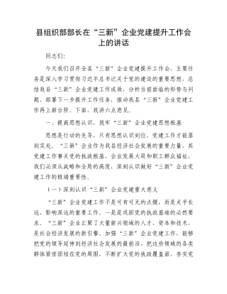 县组织部部长在“三新”企业X建提升工作会上的讲话.docx