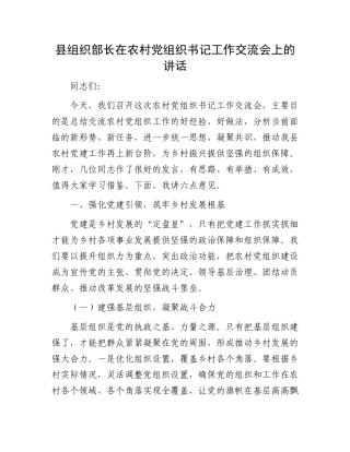 县组织部长在农村X组织书记工作交流会上的讲话.docx