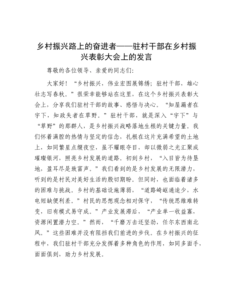 乡村振兴路上的奋进者 —— 驻村干部在乡村振兴表彰大会上的发言.docx_第1页
