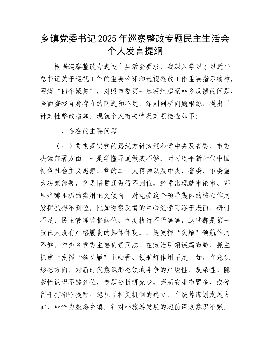 乡镇X委书记2025年巡察整改专题民主生活会个人发言提纲.docx_第1页