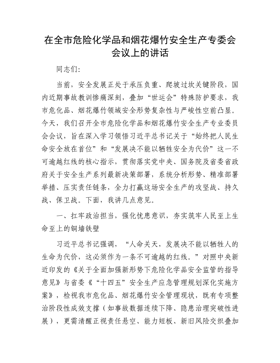 在全市危险化学品和烟花爆竹安全生产专委会会议上的讲话.docx_第1页