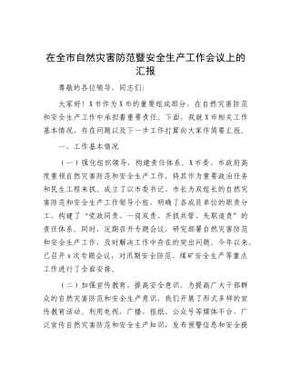 在全市自然灾害防范暨安全生产工作会议上的汇报.docx
