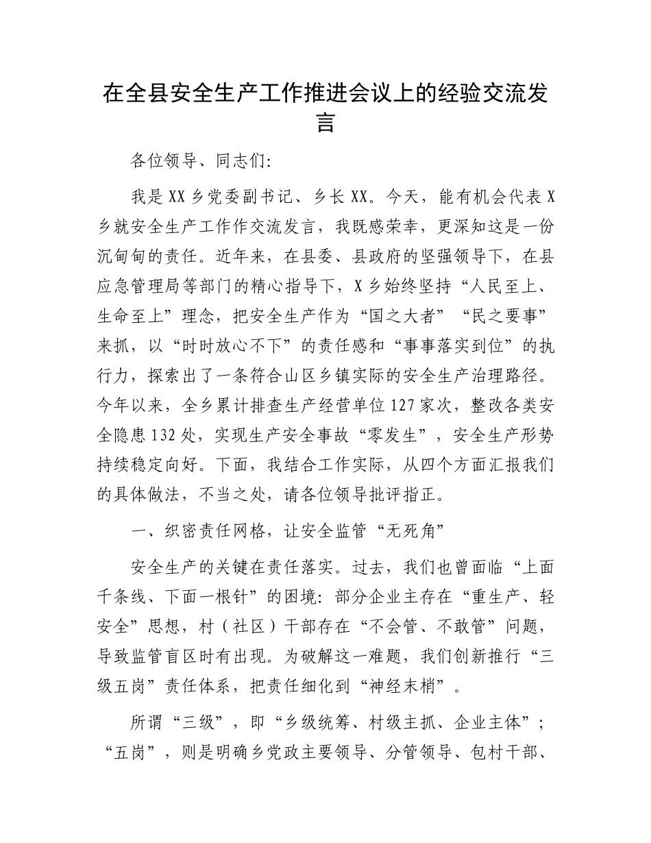 在全县安全生产工作推进会议上的经验交流发言.docx_第1页