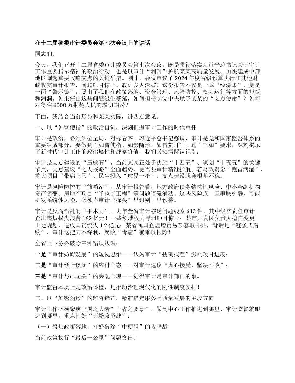 在十二届省委审计委员会第七次会议上的讲话.docx_第1页