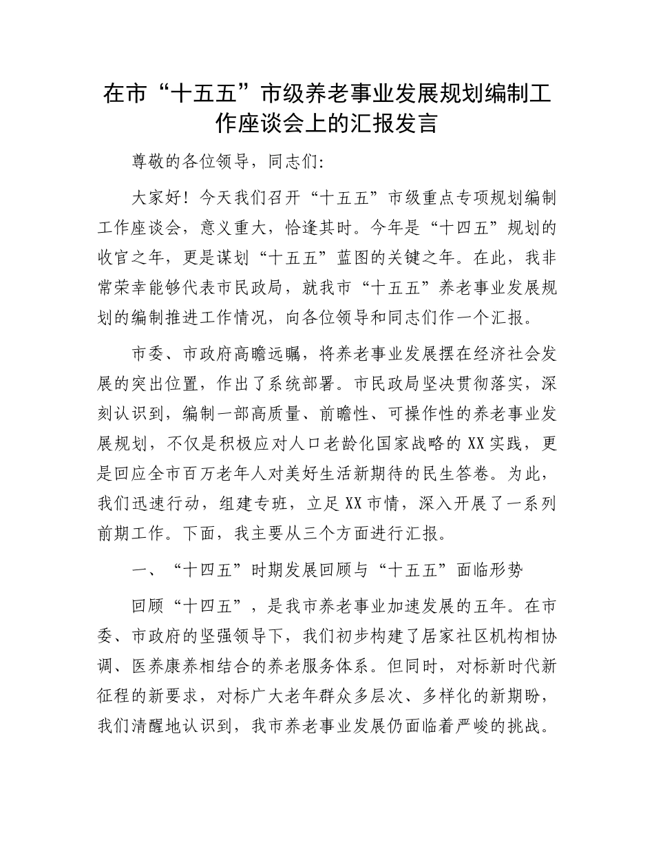 在市“十五五”市级养老事业发展规划编制工作座谈会上的汇报发言.docx_第1页