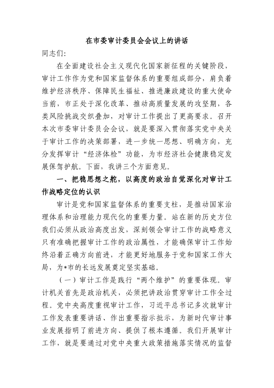在市委审计委员会会议上的讲话.docx_第1页