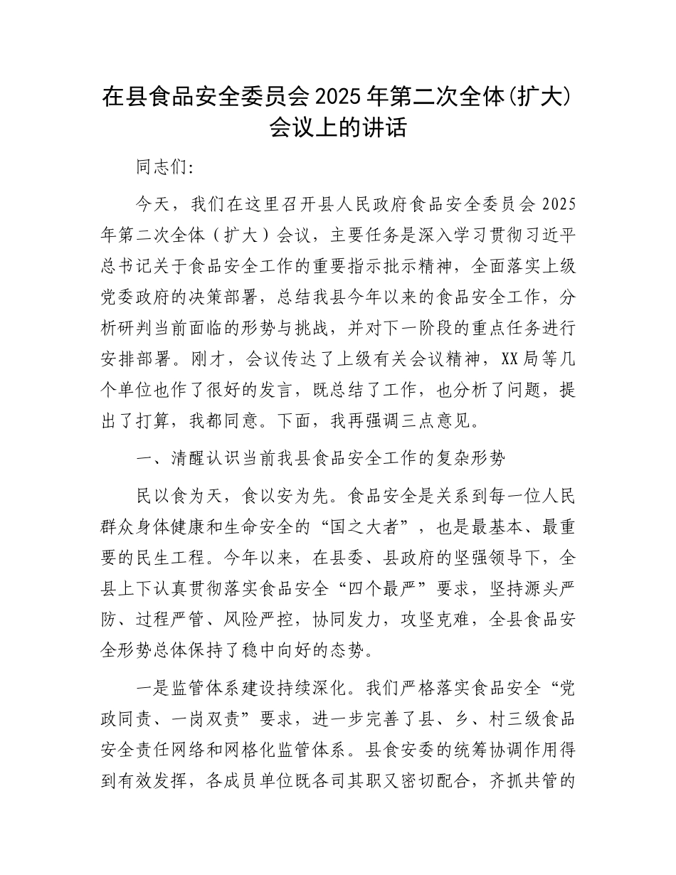 在县食品安全委员会2025年第二次全体(扩大)会议上的讲话(1).docx_第1页