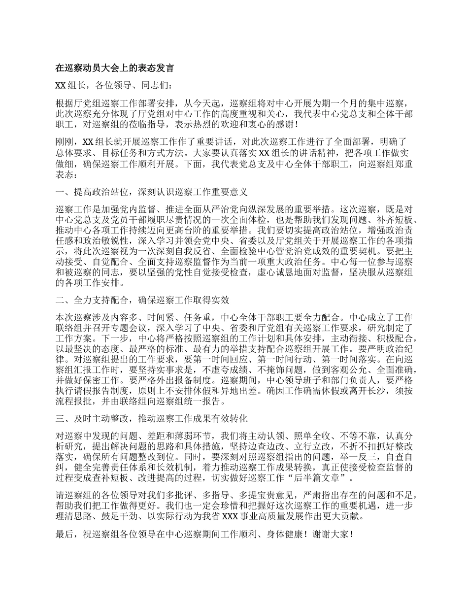 在巡察动员大会上的表态发言.docx_第1页