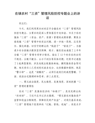 在镇农村“三资”管理风险防控专题会上的讲话.docx