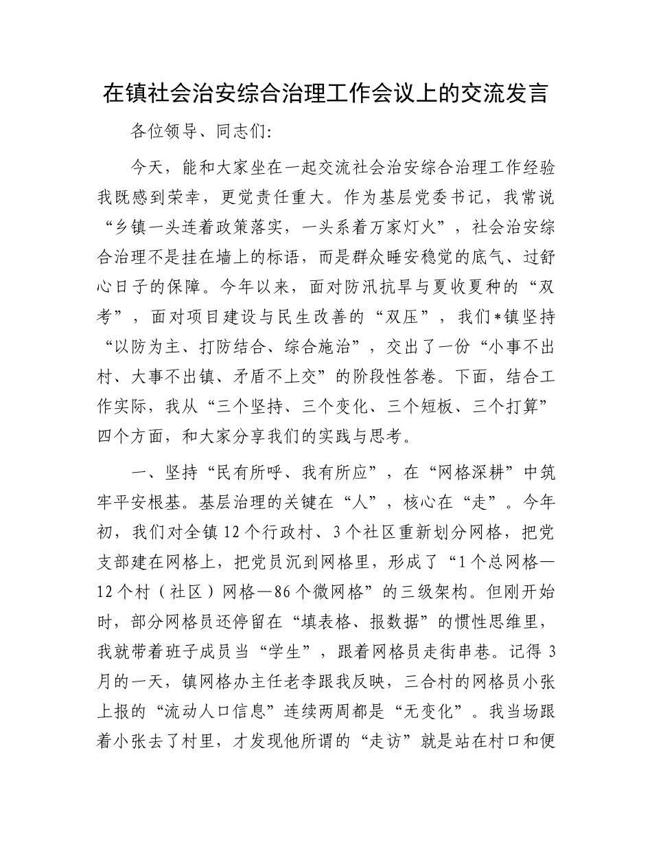 在镇社会治安综合治理工作会议上的交流发言.docx_第1页