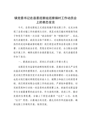 镇X委书记在县委巡察组巡察镇村工作动员会上的表态发言.docx