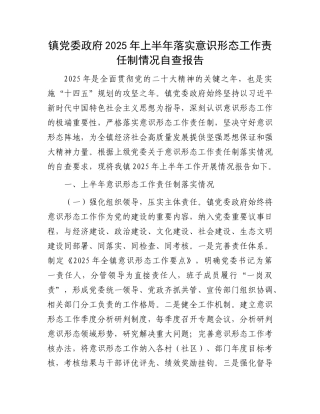 镇X委政府2025年上半年落实意识形态工作责任制情况自查报告.docx