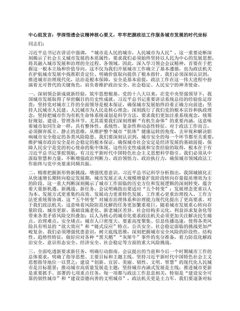 中心组发言：学深悟透会议精神核心要义，牢牢把握政法工作服务城市发展的时代坐标.docx_第1页