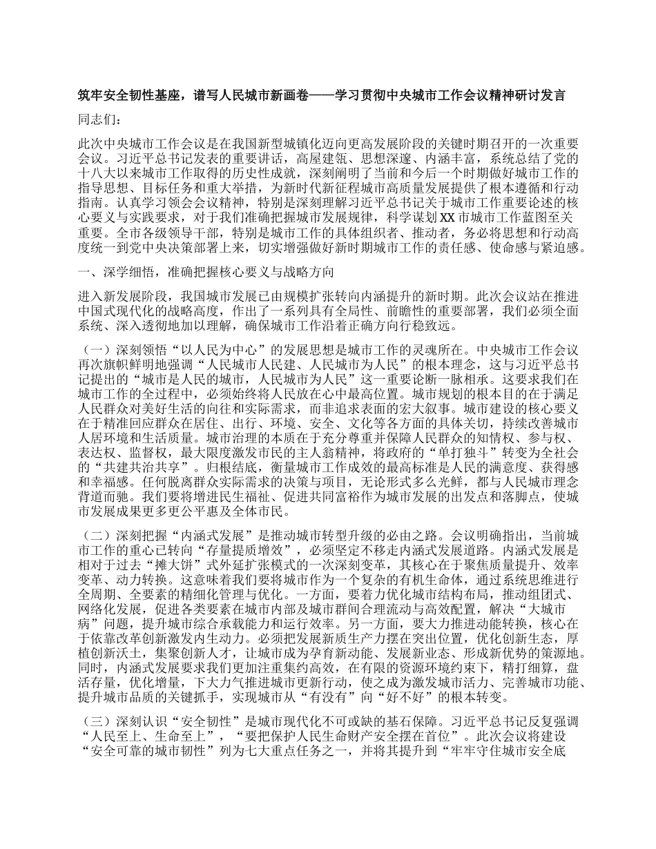 筑牢安全韧性基座，谱写人民城市新画卷——学习贯彻中央城市工作会议精神研讨发言.docx_第1页