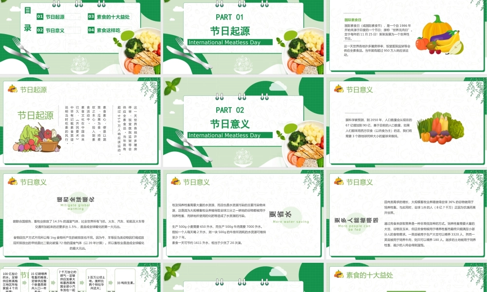 2022国际素食日PPT绿色卡通风国际素食日节日介绍课件模板.pptx
