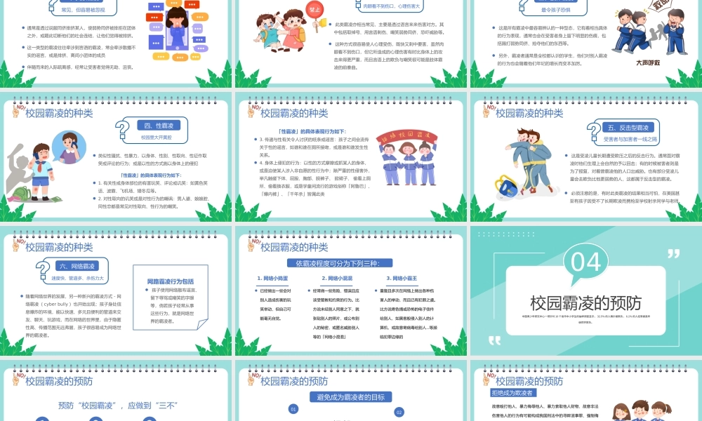 2022拒绝校园霸凌PPT卡通风中小学生预防校园凌辱主题班会课件模板.pptx